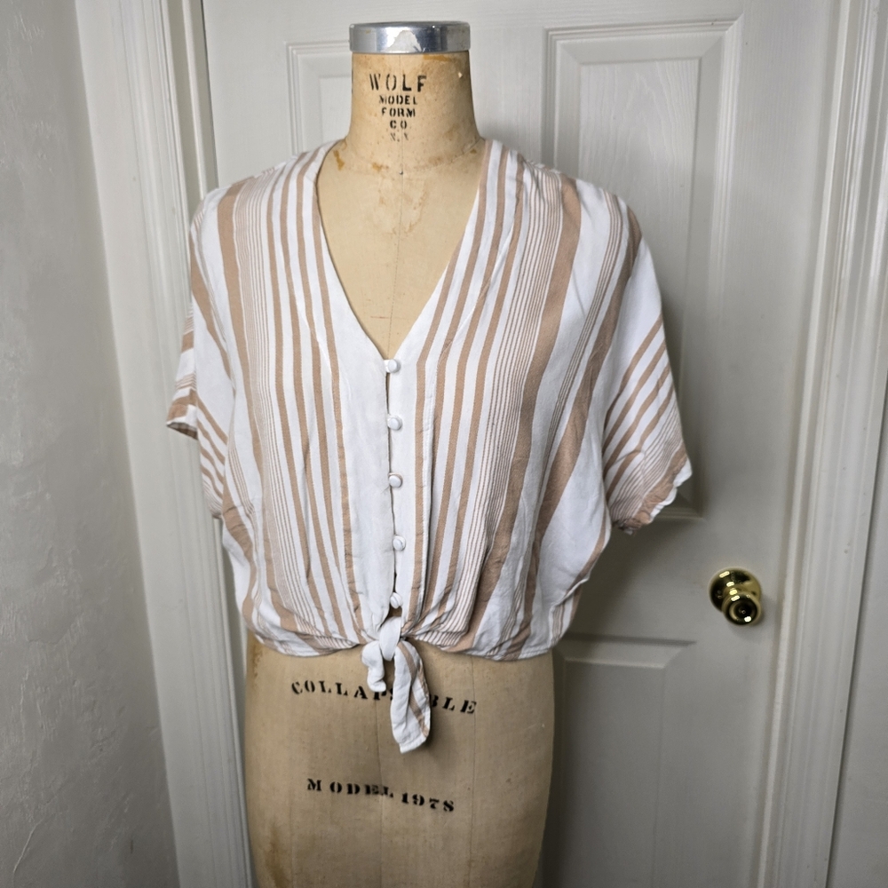 Striped Button-Down Tie Womens Sim & Sam‎ Short Sleeve Top M